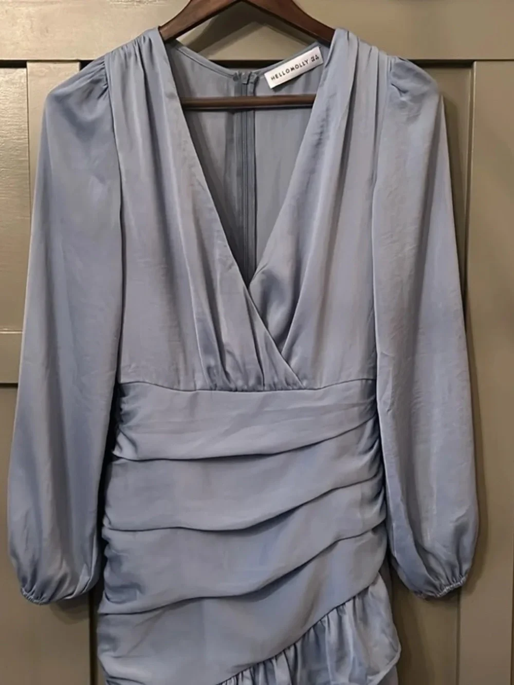 Hello Molly Love Drug Dress Blue Ruched Ruffle Hem Long Sleeve V-Neck Size XS